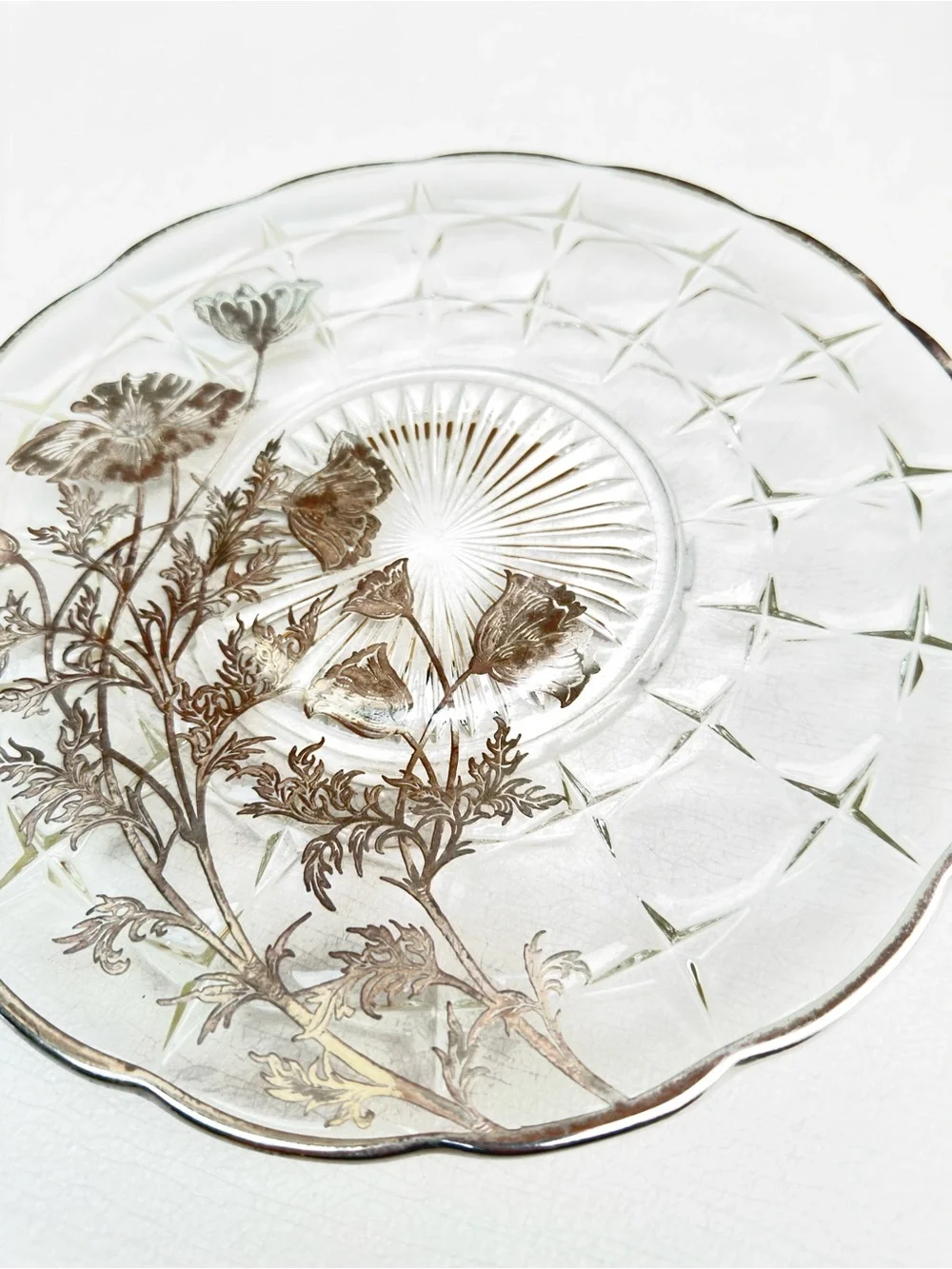 Vintage Silver City Glass Flanders Poppy Serving Plate Sterling Silver Overlay